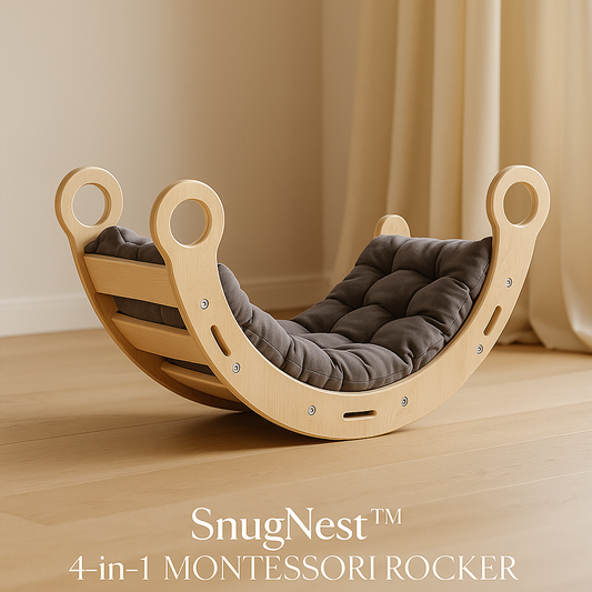 SnugNest™ 4-in-1 Montessori Rocker – Natural & Grey