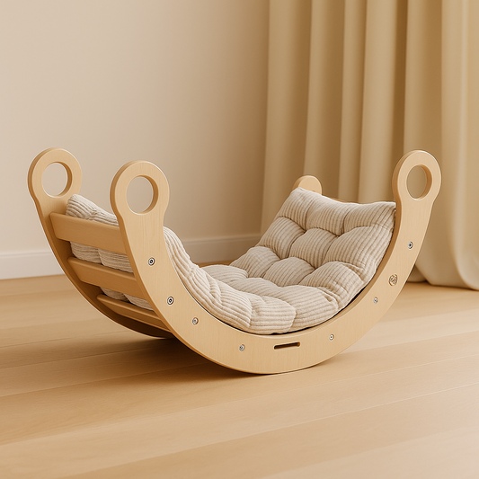 SnugNest™ Montessori Rocker – Natural Wood with Beige Cushion