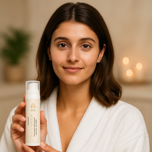 Woman holding a skincare product with a warm, indoor background