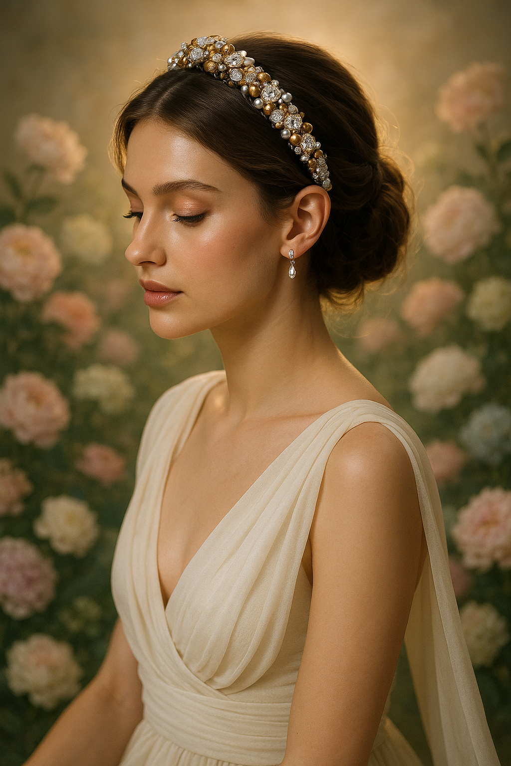 Headband Lena – Crystals, Pearls & Sequins in Golden Silver