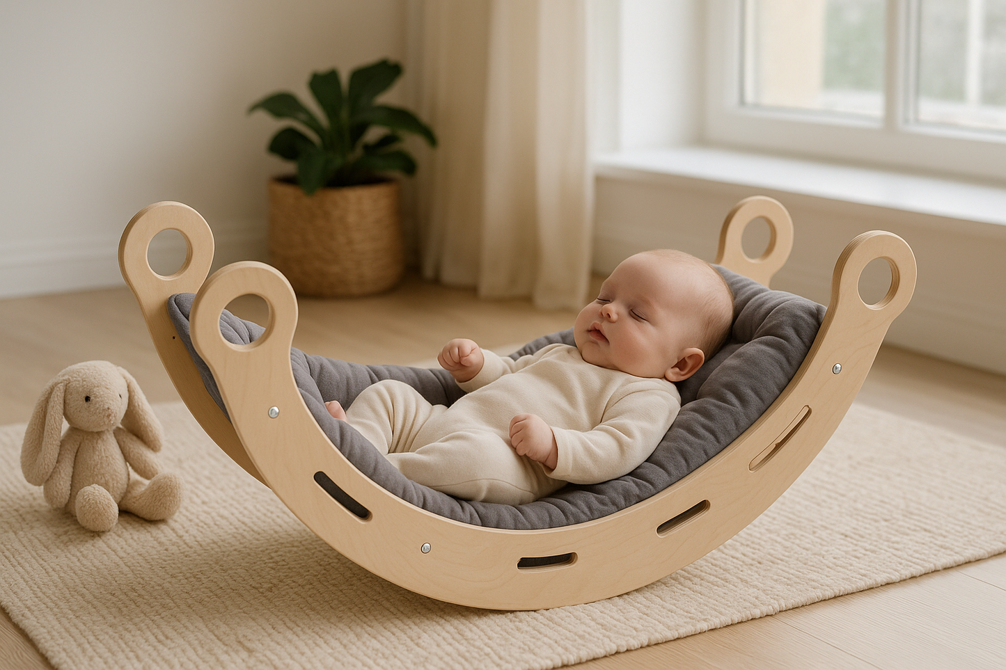 SnugNest™ 4-in-1 Montessori Rocker – Natural & Grey