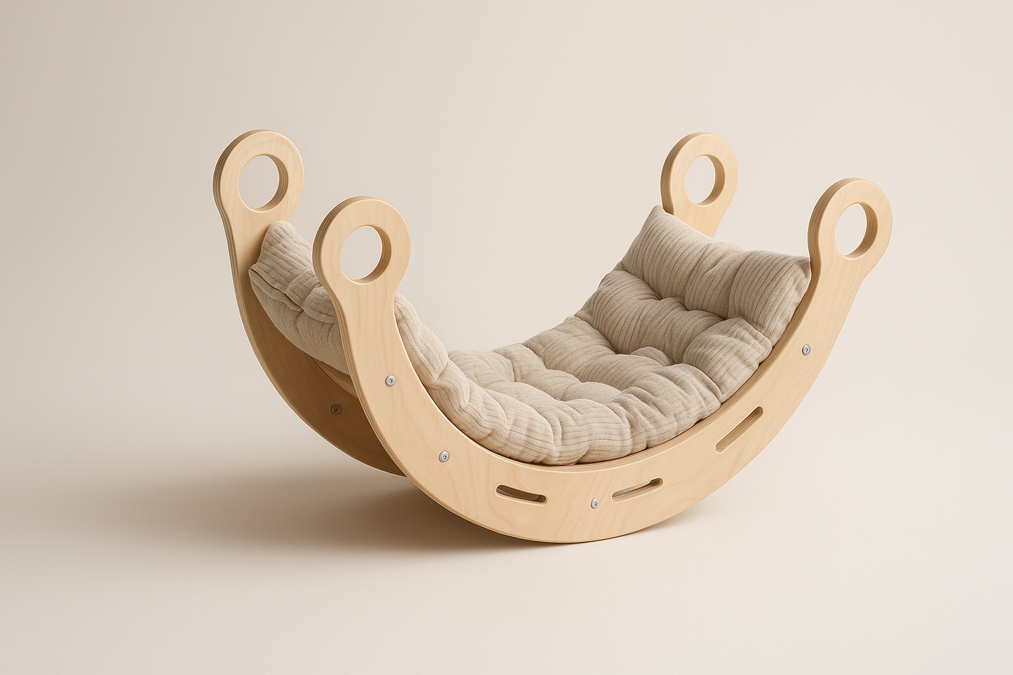 SnugNest™ Montessori Rocker – Natural Wood with Beige Cushion