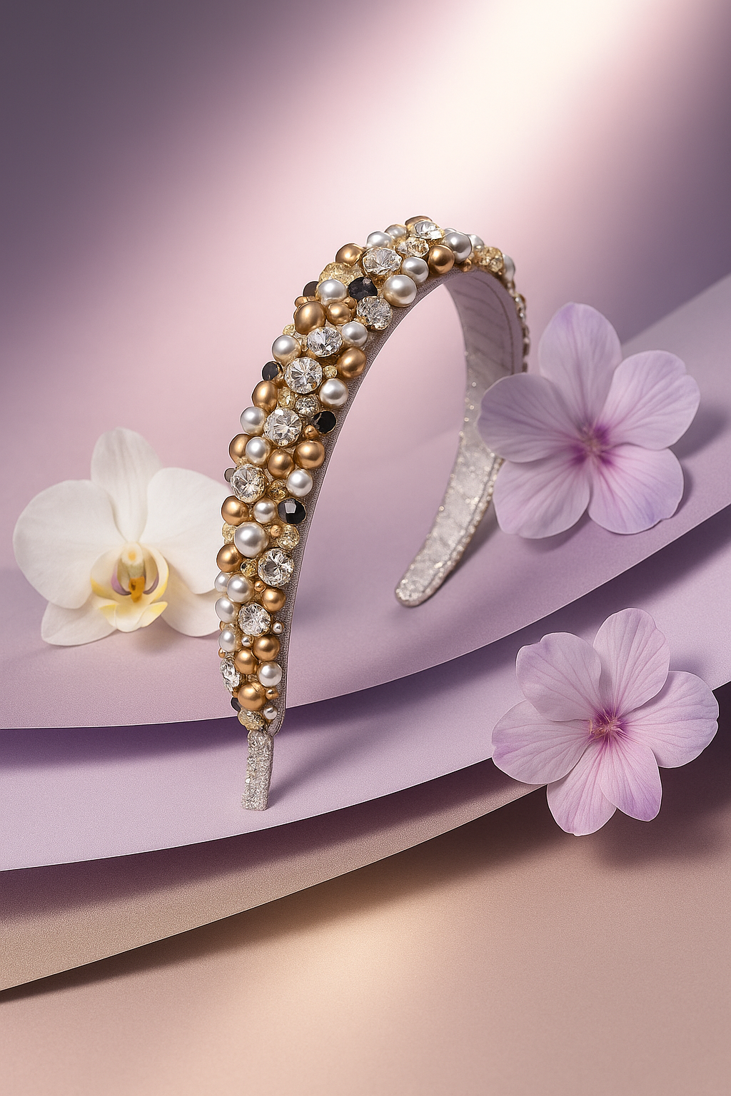 Headband Lena – Crystals, Pearls & Sequins in Golden Silver