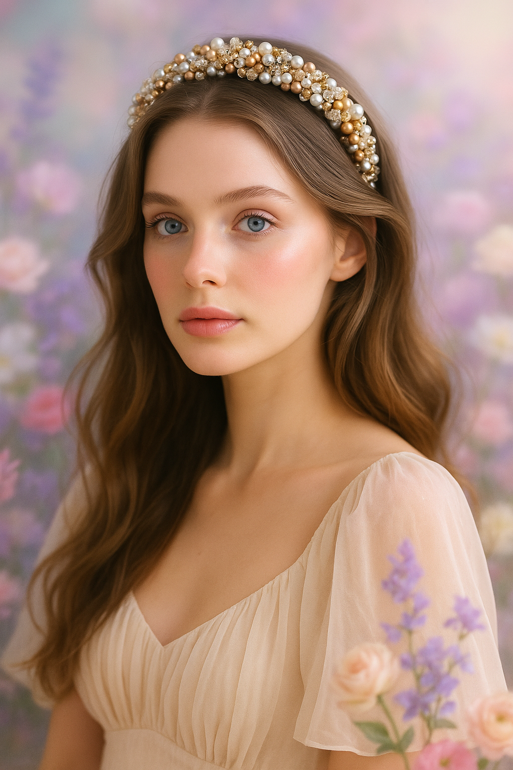 Headband Lena – Crystals, Pearls & Sequins in Golden Silver