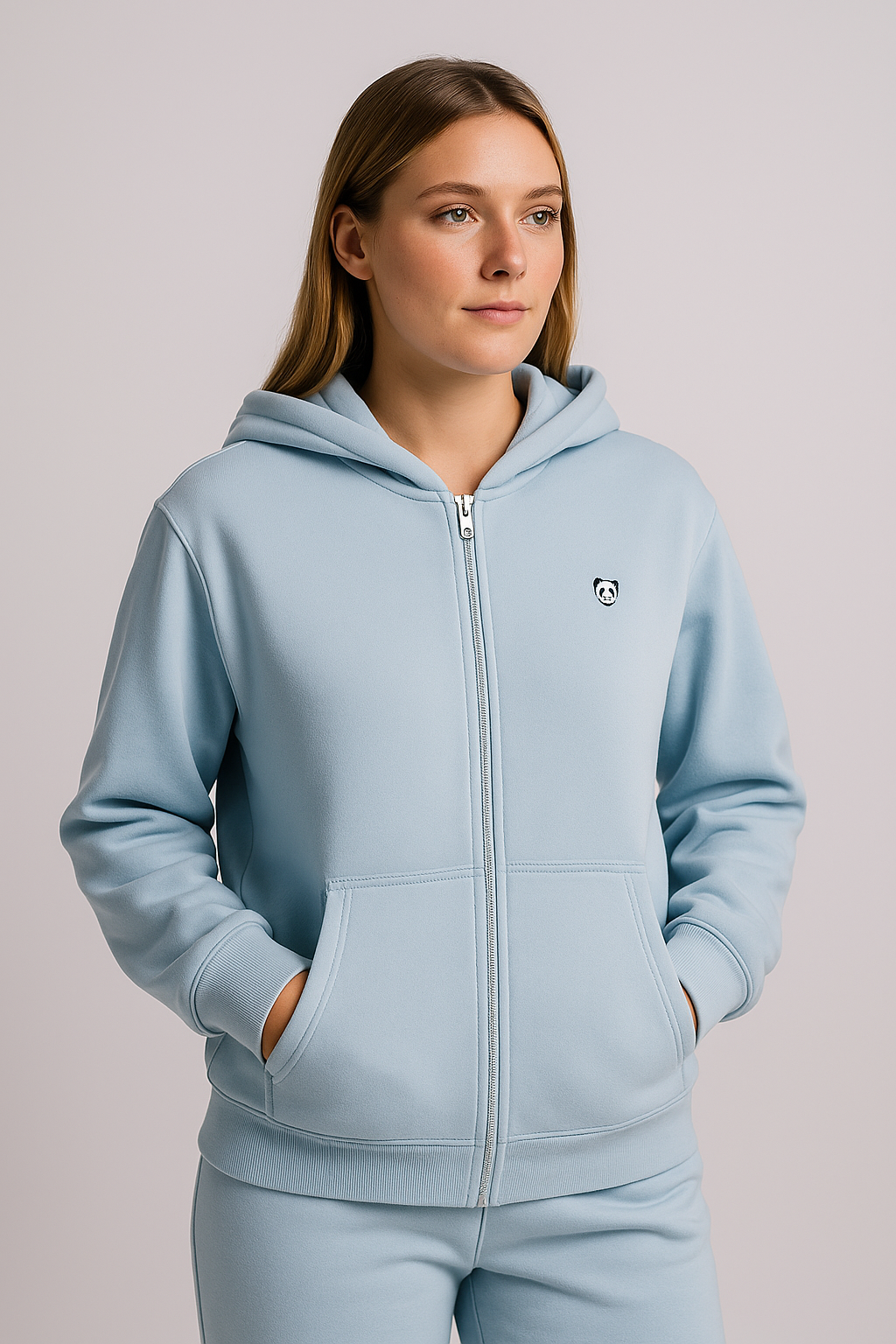 Panda Soft Fleece Full Zip Hoodie – Light Blue | Unisex Minimalist Comfort